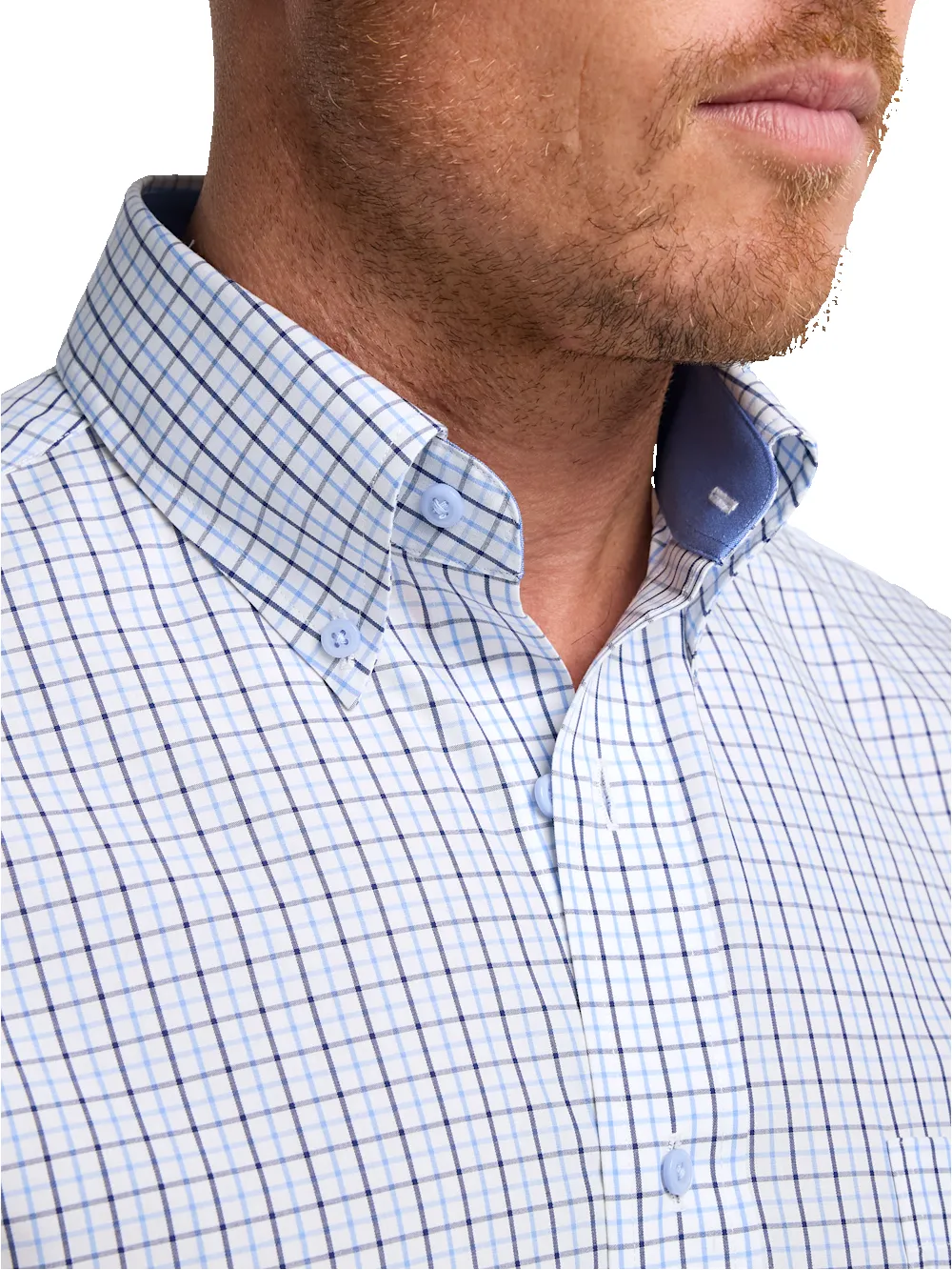 Non-Iron Cotton Windowpane Dress Shirt With Contrast Trim - White/blue sold by Paul Fredrick product image thumbnail 3