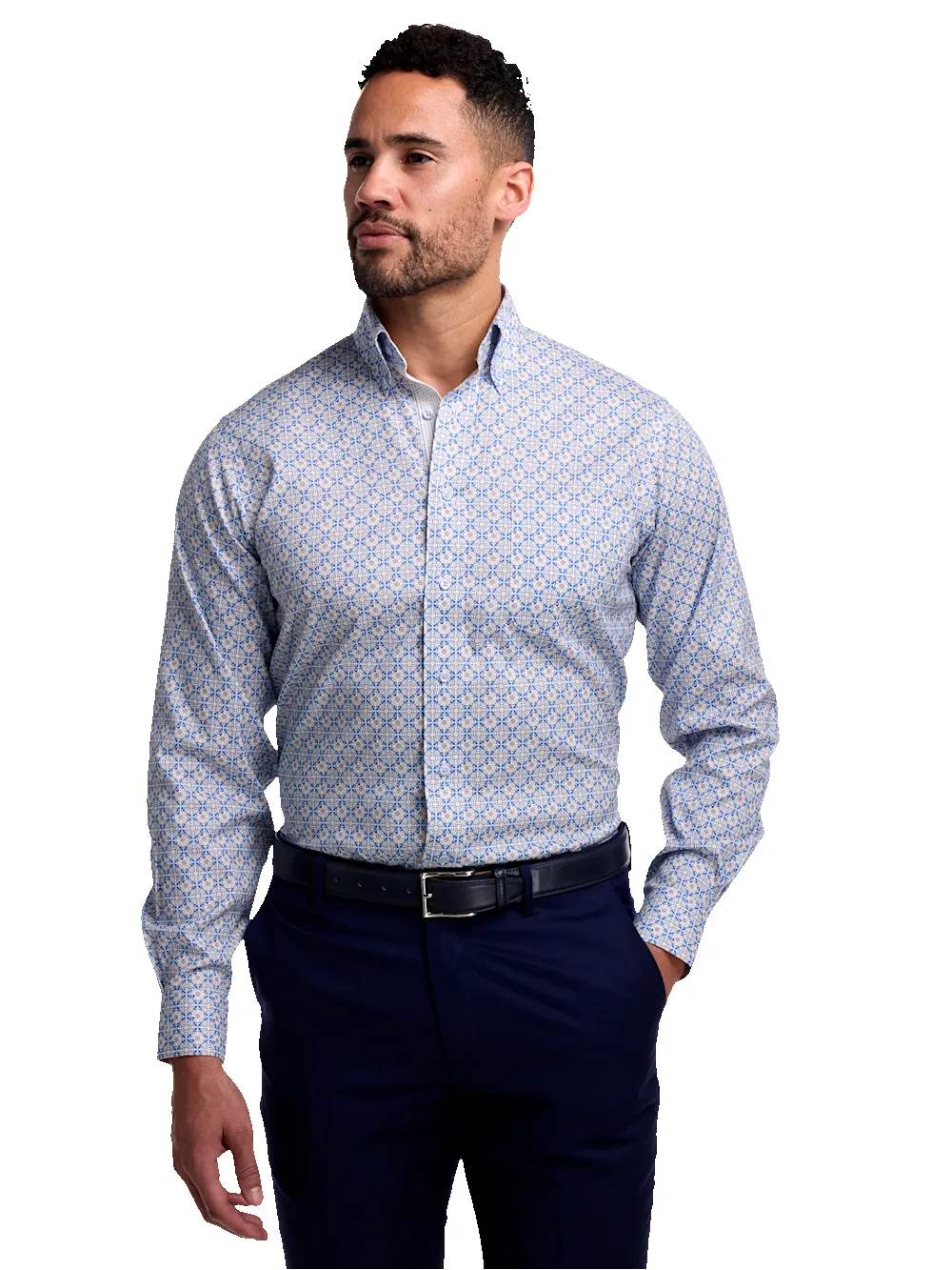 Comfort Stretch Non-Iron Medallion Dress Shirt With Contrast Trim - Blue/melon sold by Paul Fredrick product image thumbnail 2