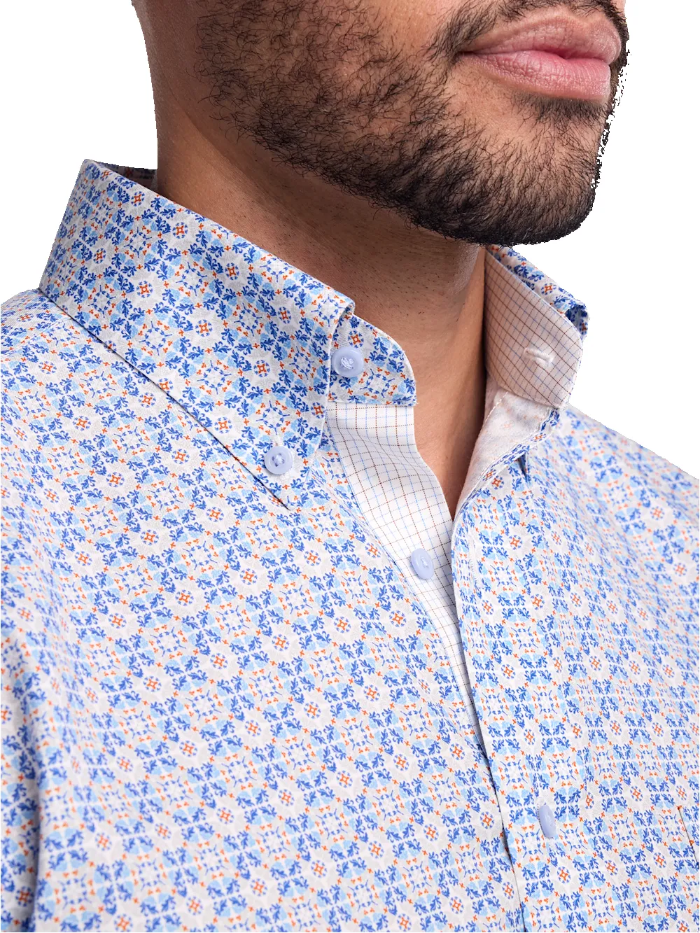 Comfort Stretch Non-Iron Medallion Dress Shirt With Contrast Trim - Blue/melon sold by Paul Fredrick product image thumbnail 3