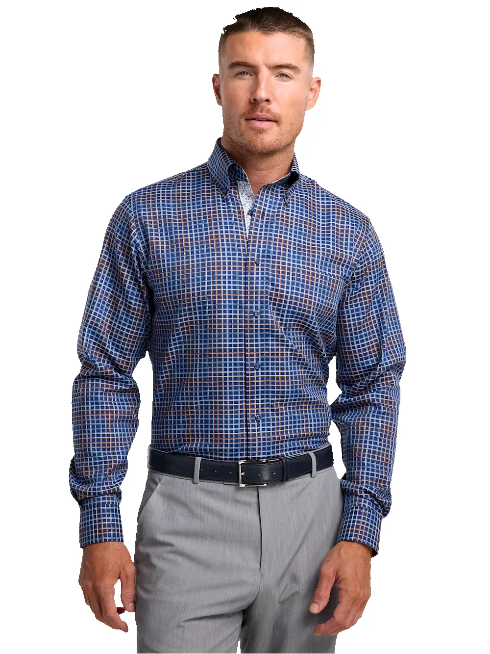 Comfort Stretch Non-Iron Check Dress Shirt With Contrast Trim - Navy Multi sold by Paul Fredrick product image thumbnail 2