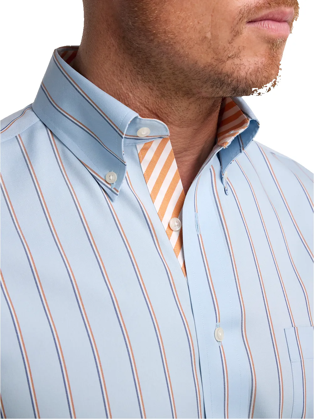 Comfort Stretch Non-Iron Stripe Dress Shirt With Contrast Trim - Blue/melon sold by Paul Fredrick product image thumbnail 3