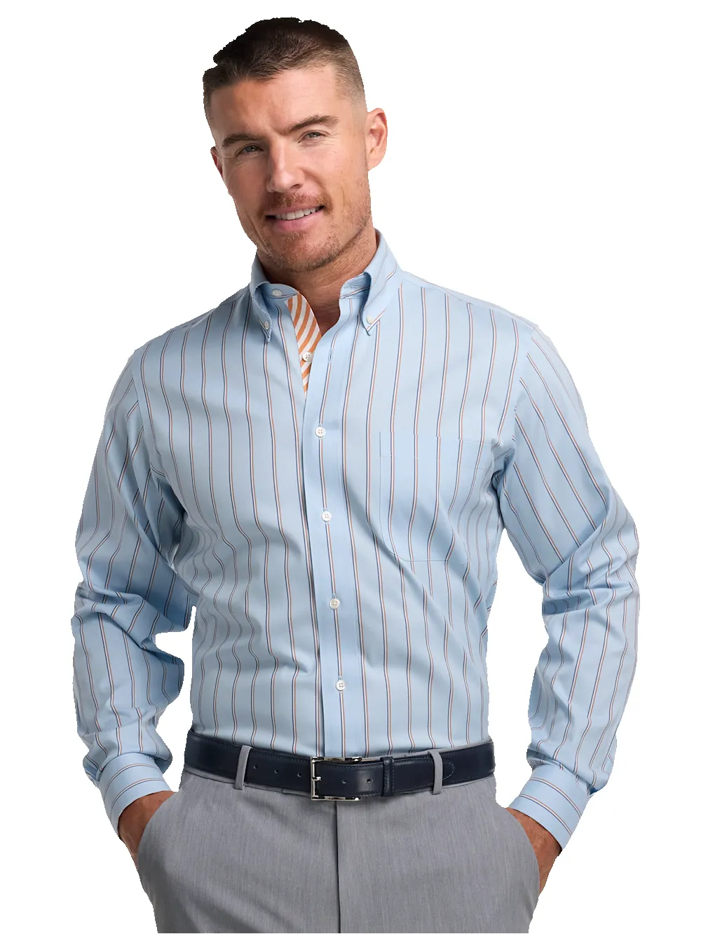 Comfort Stretch Non-Iron Stripe Dress Shirt With Contrast Trim - Blue/melon sold by Paul Fredrick product image thumbnail 2