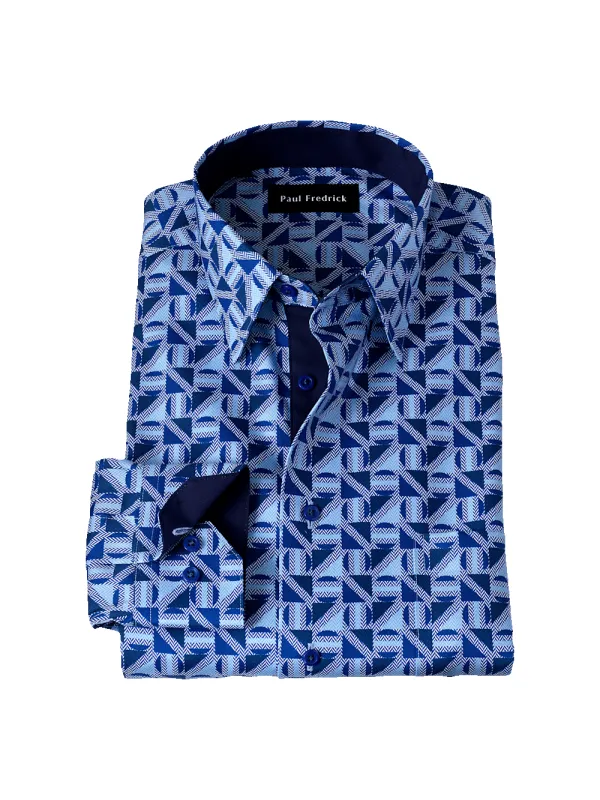 Non-Iron Cotton Geometric Dress Shirt With Contrast Trim - Blue sold by Paul Fredrick