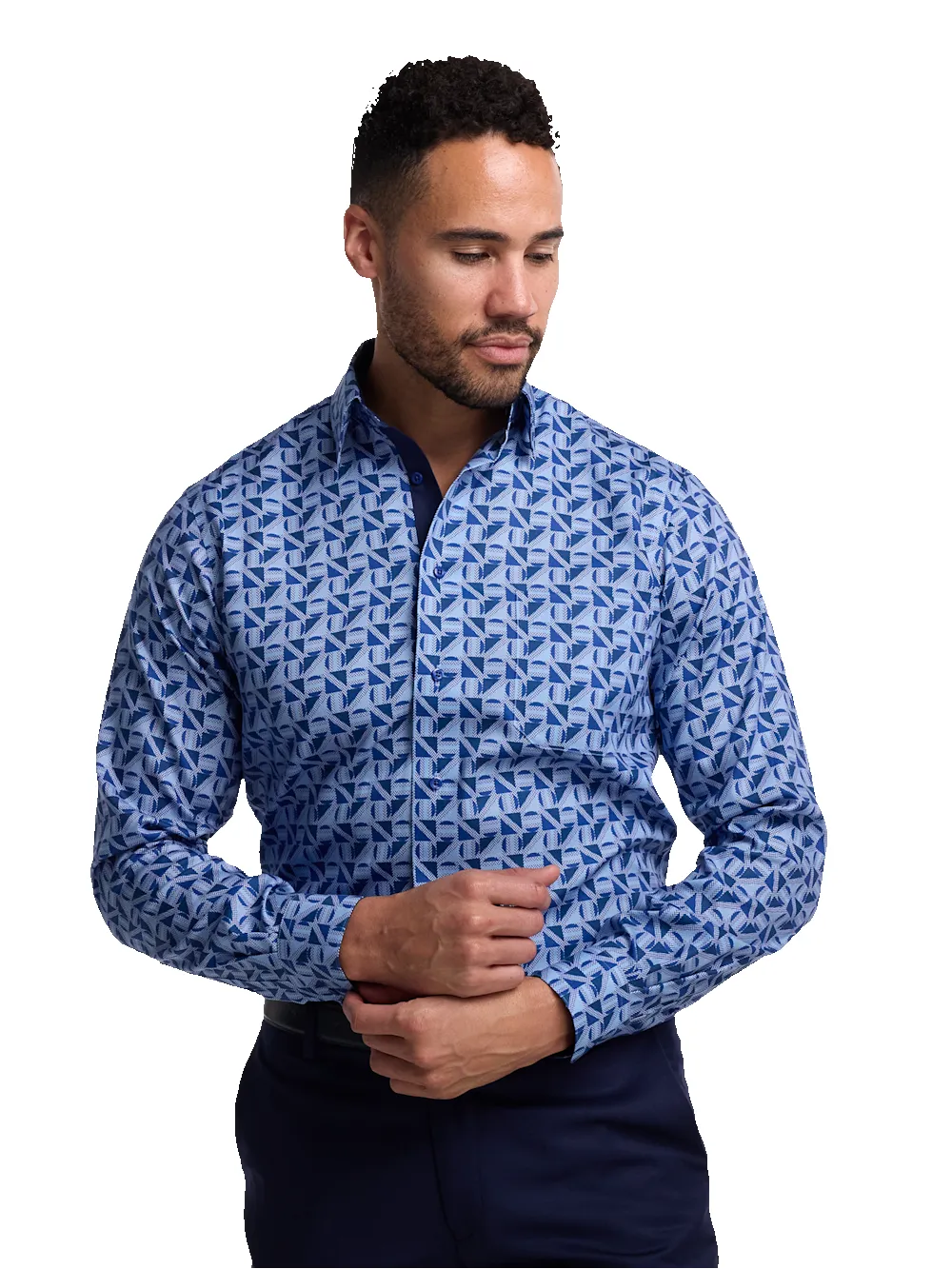 Non-Iron Cotton Geometric Dress Shirt With Contrast Trim - Blue sold by Paul Fredrick product image thumbnail 2