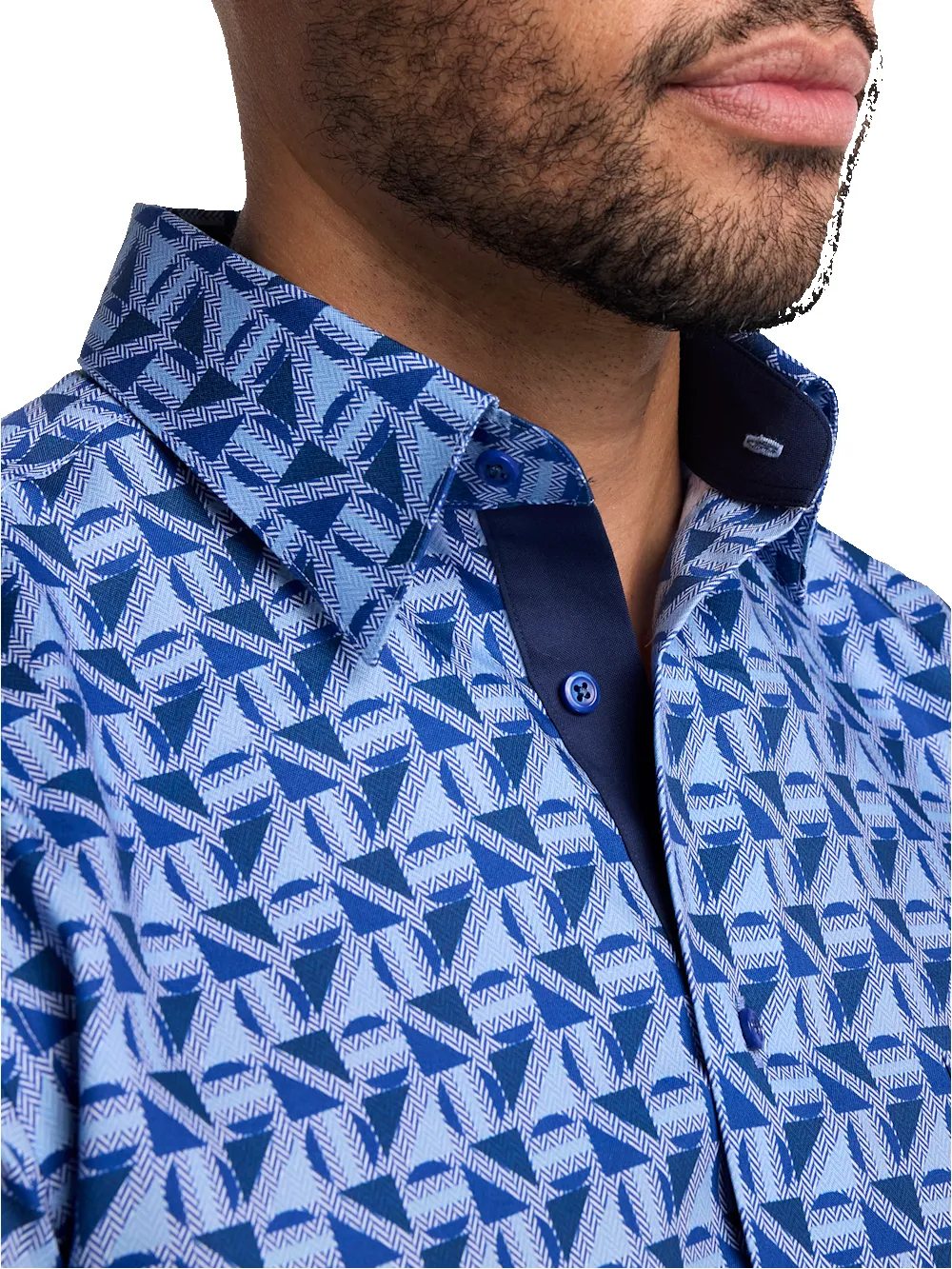 Non-Iron Cotton Geometric Dress Shirt With Contrast Trim - Blue sold by Paul Fredrick product image thumbnail 3