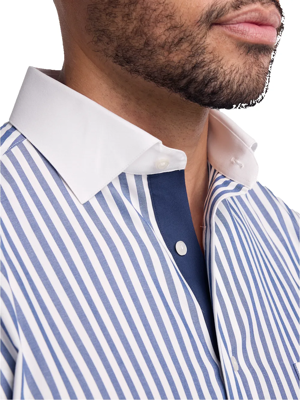 Non-Iron Cotton Stripe Dress Shirt With Contrast Trim - Navy sold by Paul Fredrick product image thumbnail 3
