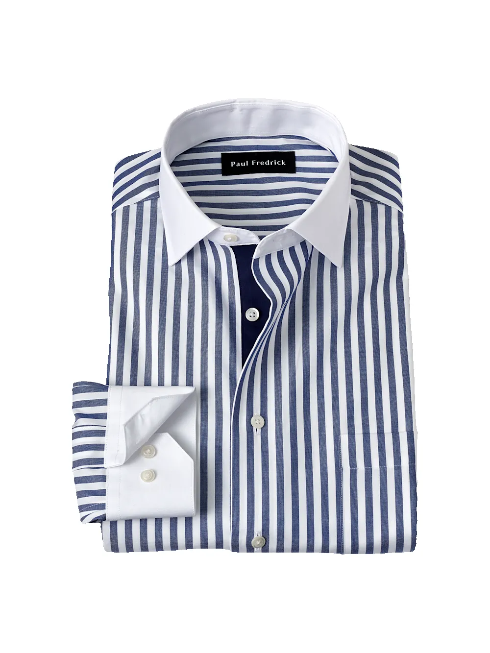 Non-Iron Cotton Stripe Dress Shirt With Contrast Trim - Navy sold by Paul Fredrick