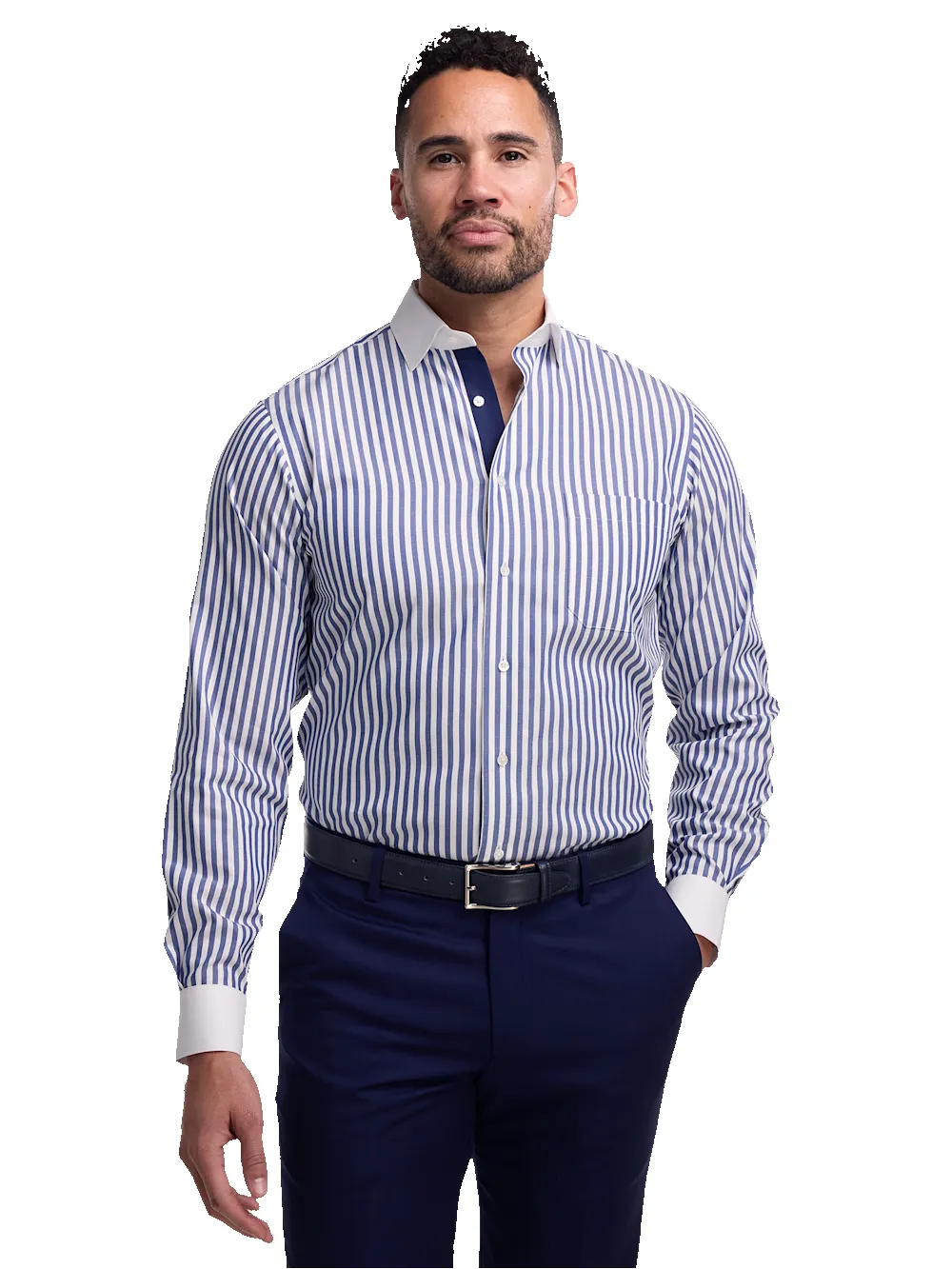 Non-Iron Cotton Stripe Dress Shirt With Contrast Trim - Navy sold by Paul Fredrick product image thumbnail 2