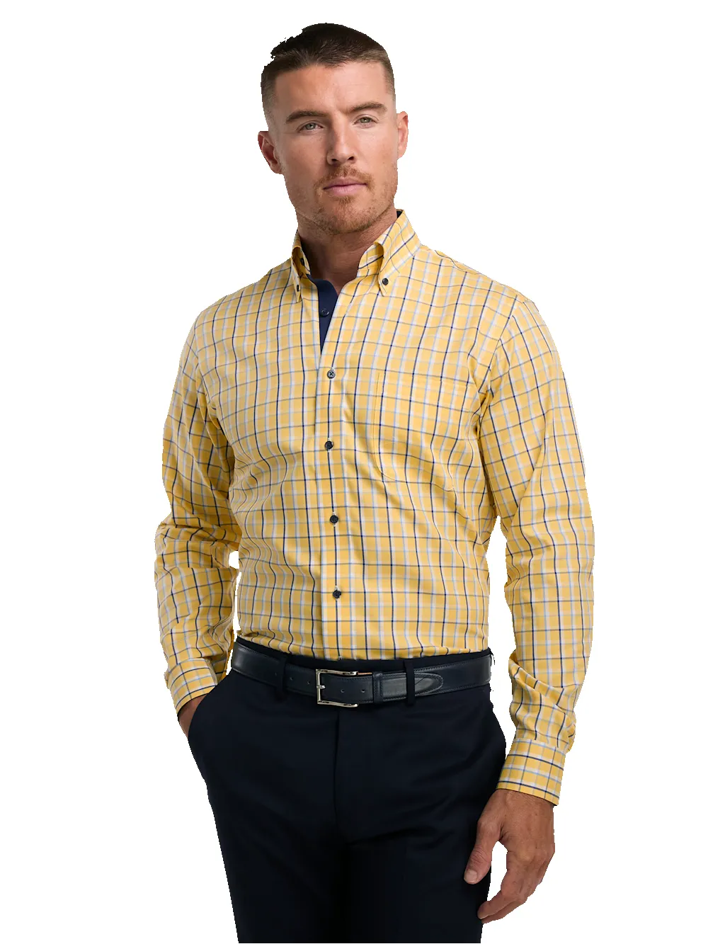 Non-Iron Cotton Check Dress Shirt With Contrast Trim - Yellow/blue sold by Paul Fredrick product image thumbnail 2