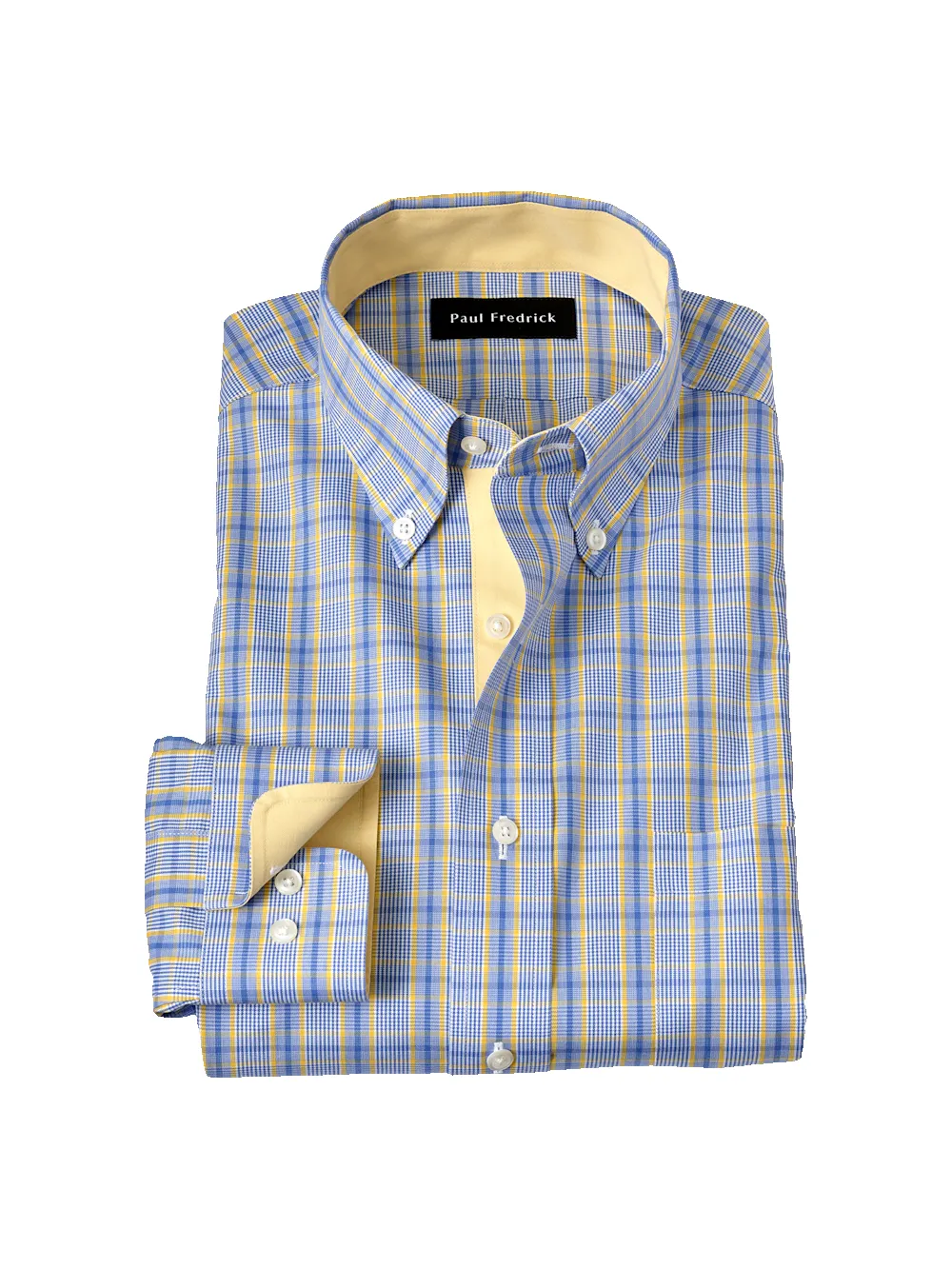 Non-Iron Cotton Glen Plaid Dress Shirt With Contrast Trim - Blue/yellow sold by Paul Fredrick