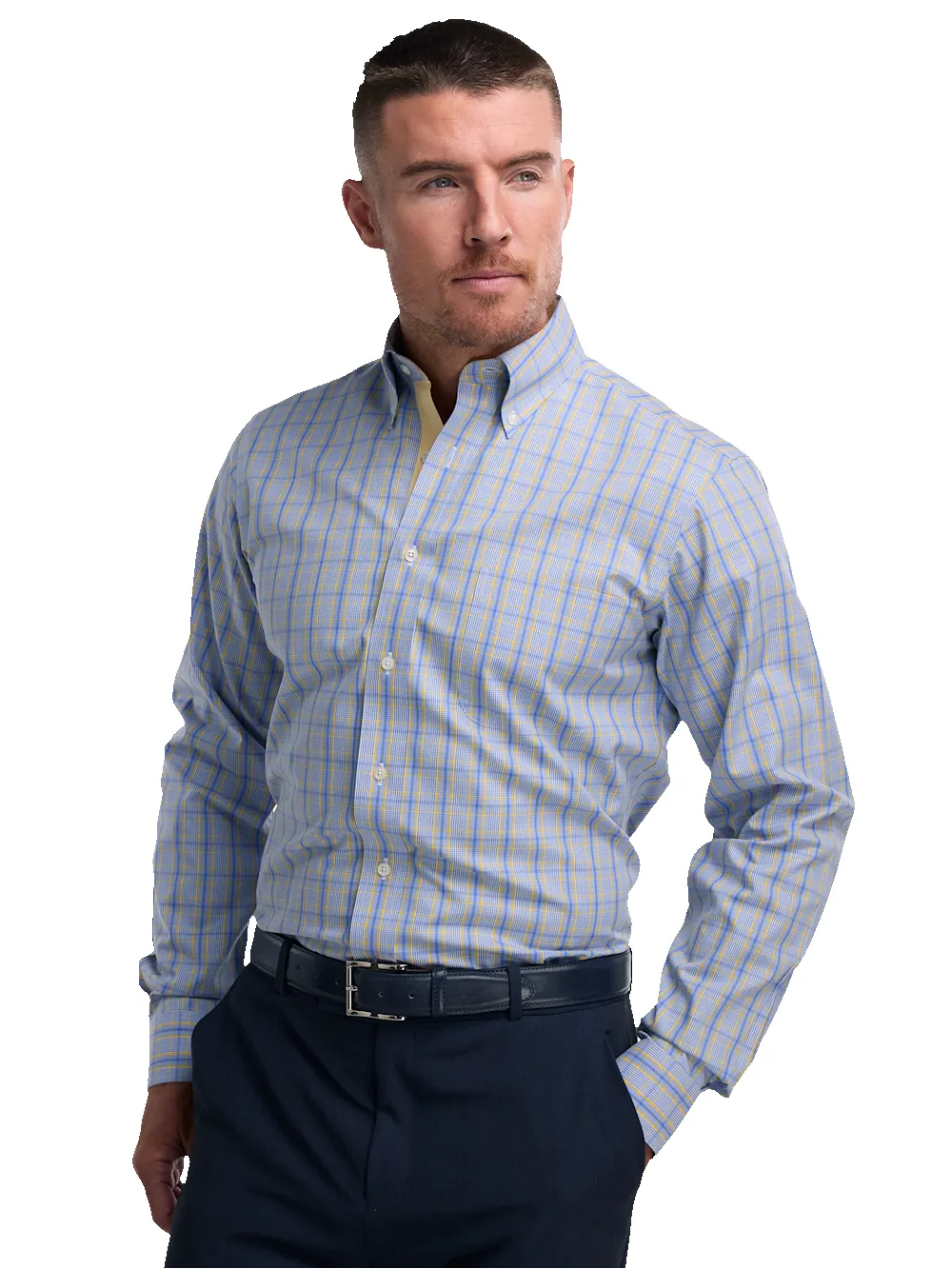 Non-Iron Cotton Glen Plaid Dress Shirt With Contrast Trim - Blue/yellow sold by Paul Fredrick product image thumbnail 2