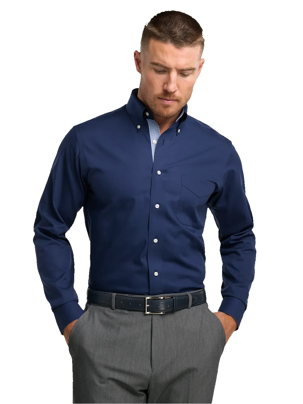 Non-Iron Cotton Solid Dress Shirt With Contrast Trim - Navy sold by Paul Fredrick product image thumbnail 2