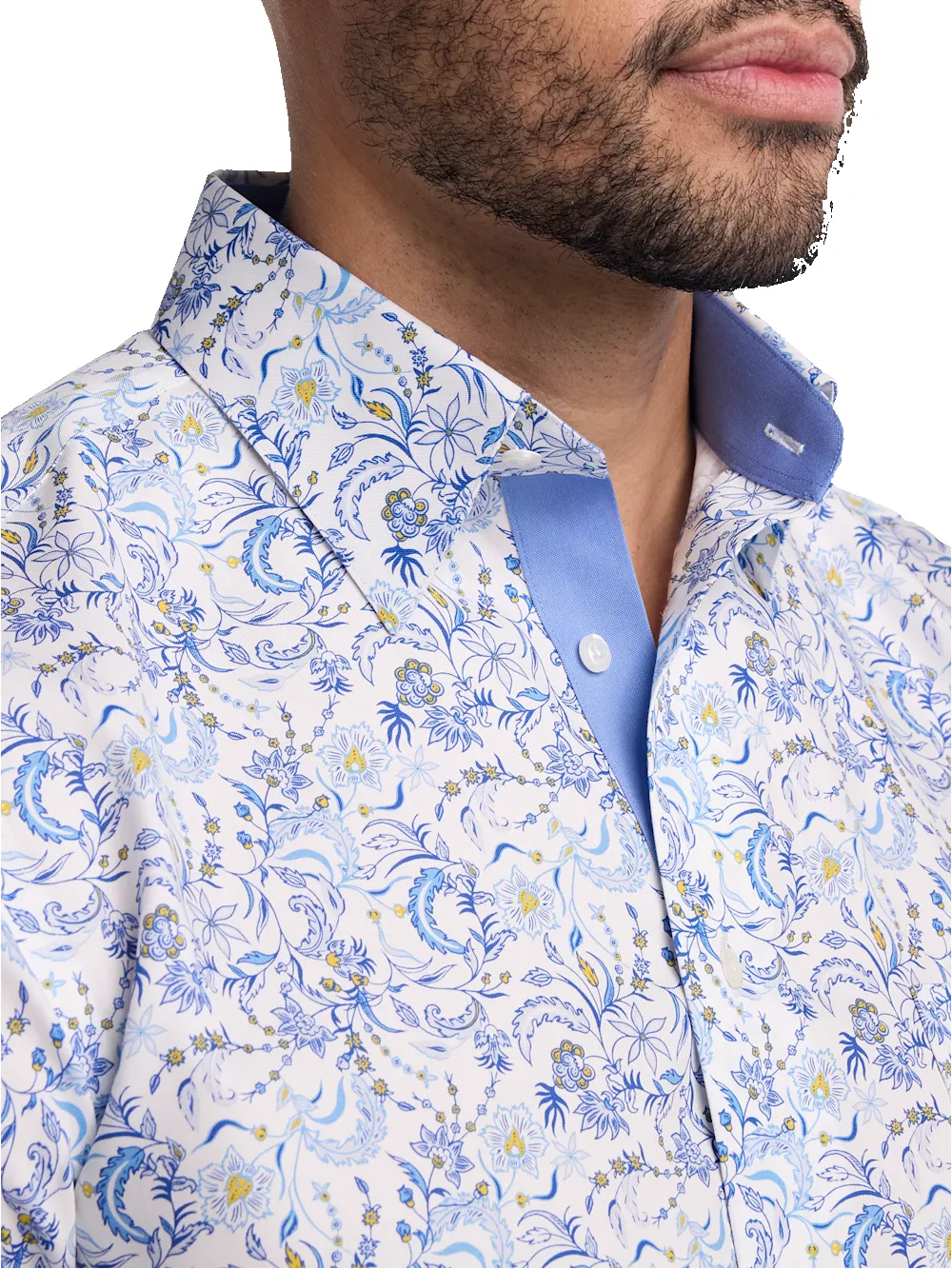 Non-Iron Cotton Floral Dress Shirt With Contrast Trim - White/blue sold by Paul Fredrick product image thumbnail 3