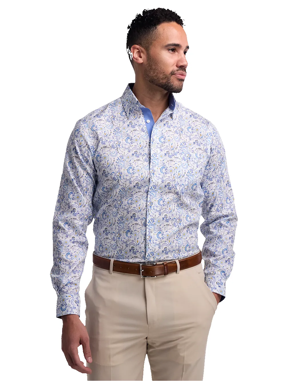 Non-Iron Cotton Floral Dress Shirt With Contrast Trim - White/blue sold by Paul Fredrick product image thumbnail 2