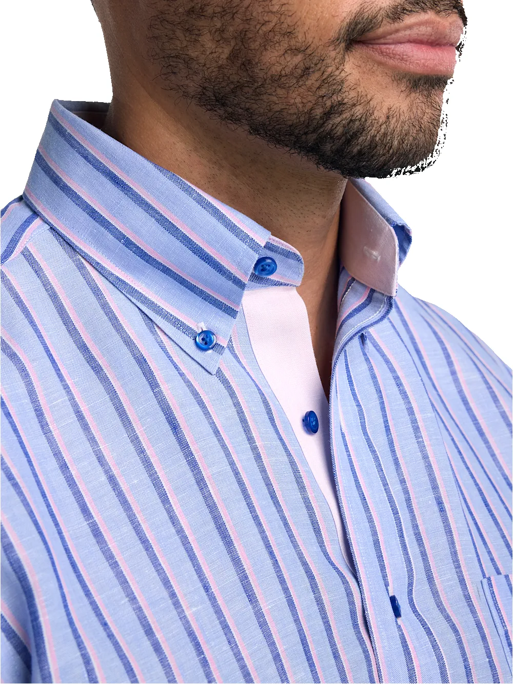 Non-Iron Linen Stripe Dress Shirt With Contrast Trim - Blue/pink sold by Paul Fredrick product image thumbnail 3