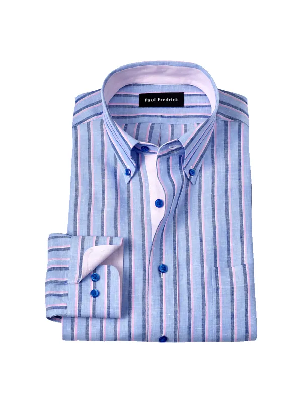 Non-Iron Linen Stripe Dress Shirt With Contrast Trim - Blue/pink sold by Paul Fredrick