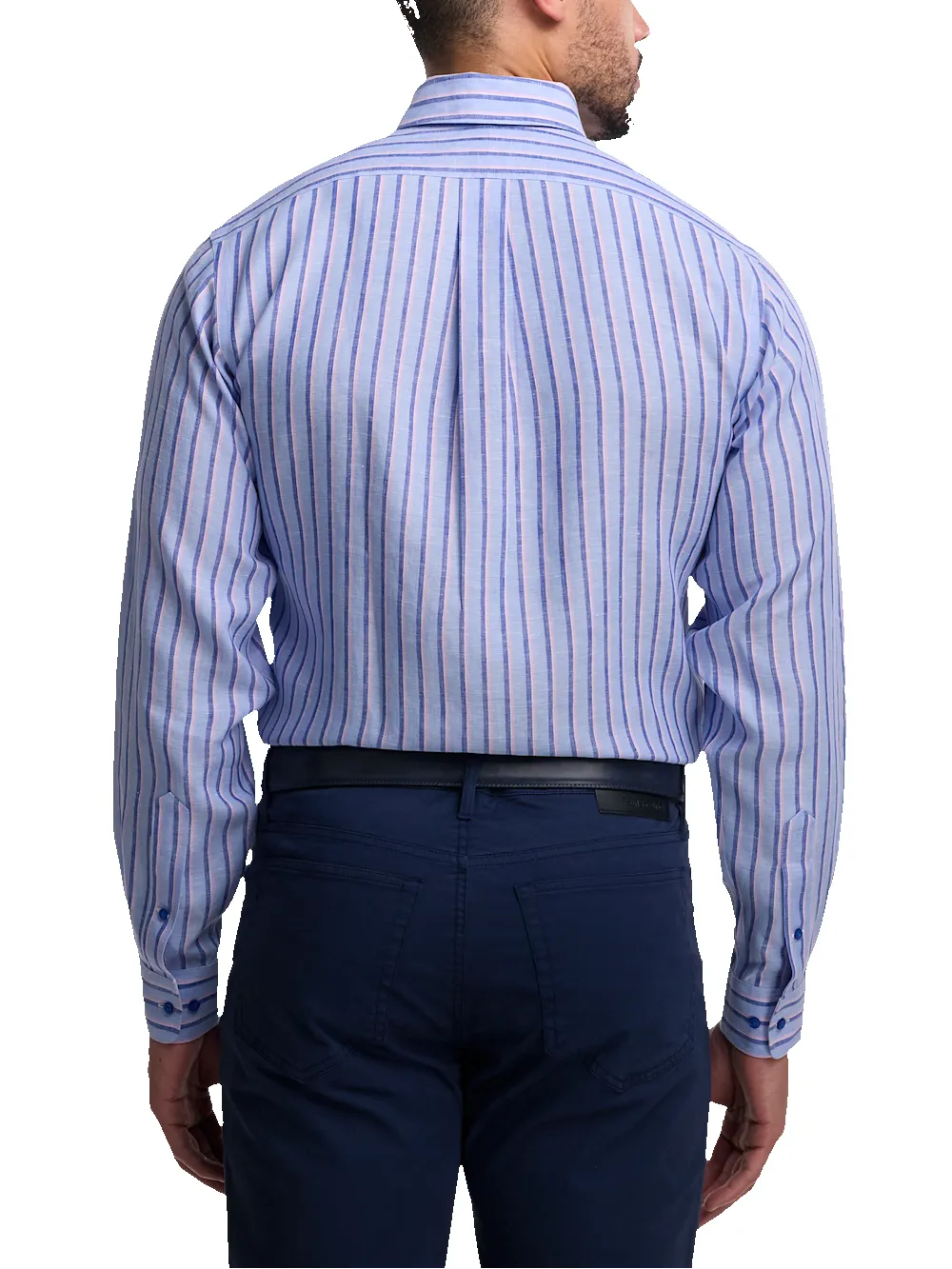 Non-Iron Linen Stripe Dress Shirt With Contrast Trim - Blue/pink sold by Paul Fredrick product image thumbnail 5