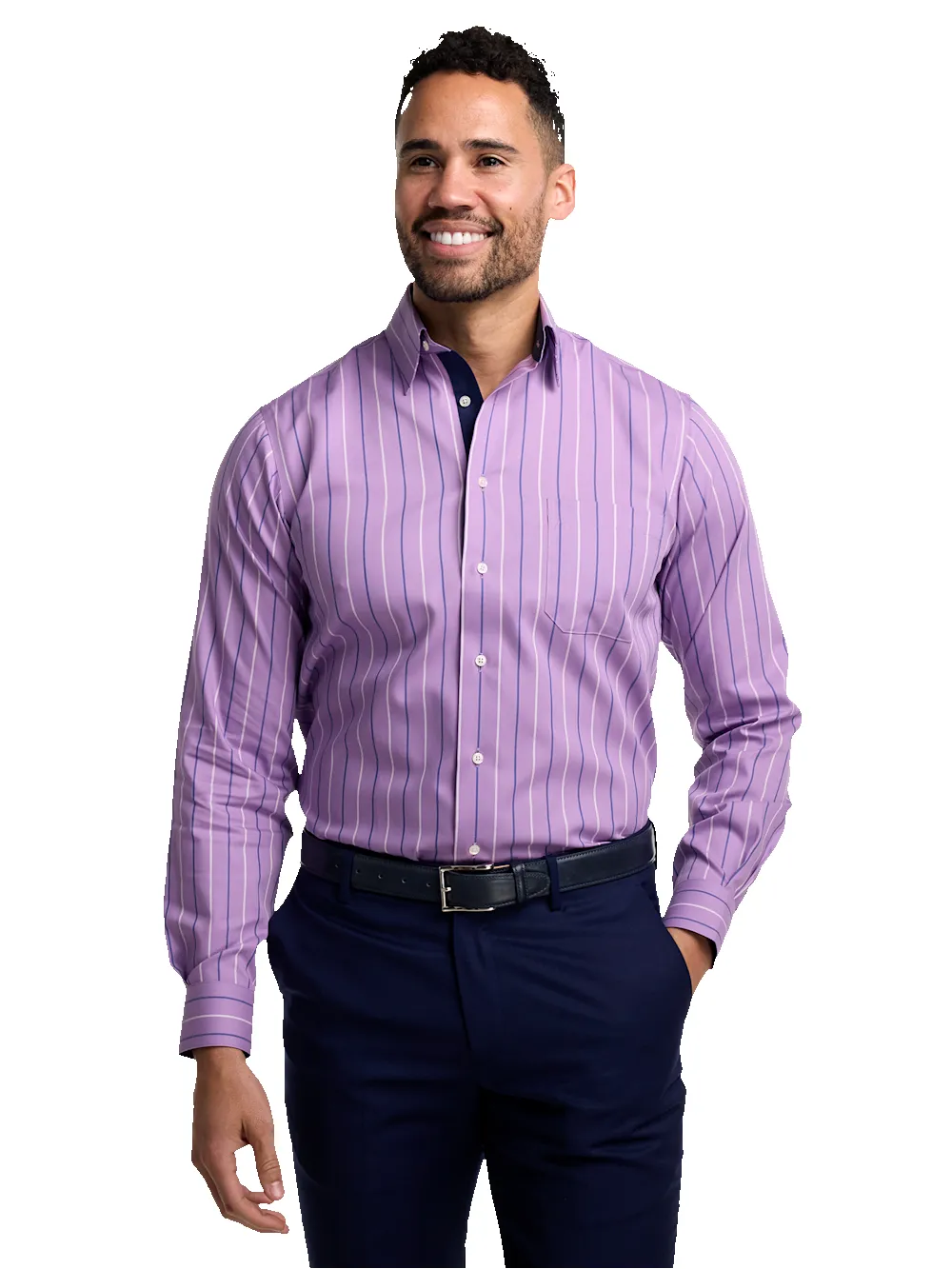 Non-Iron Cotton Stripe Dress Shirt With Contrast Trim - Purple sold by Paul Fredrick product image thumbnail 2