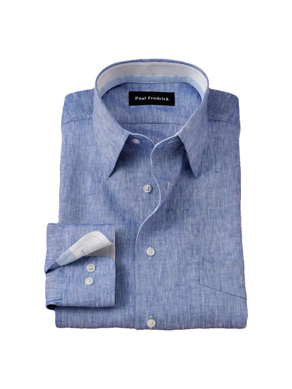 Non-Iron Linen Solid Dress Shirt With Contrast Trim - Dark Blue sold by Paul Fredrick