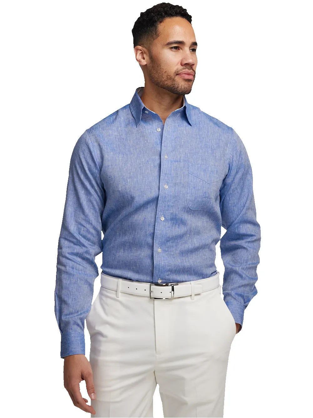 Non-Iron Linen Solid Dress Shirt With Contrast Trim - Dark Blue sold by Paul Fredrick product image thumbnail 2