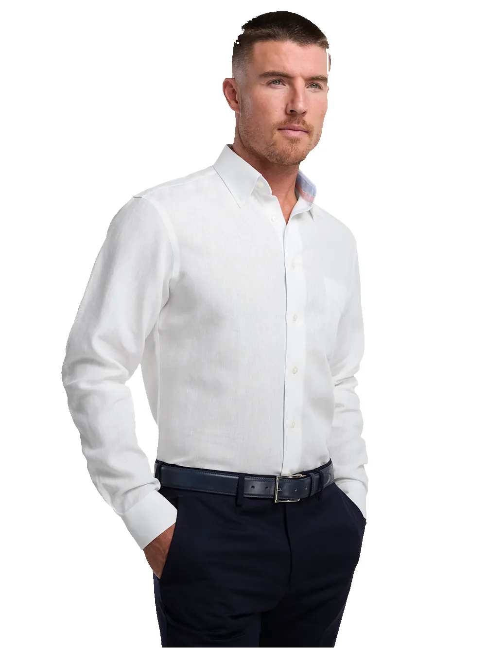 Non-Iron Linen Solid Dress Shirt With Contrast Trim - White sold by Paul Fredrick product image thumbnail 2