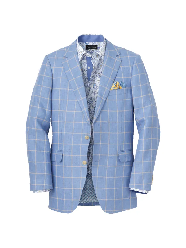 Windowpane Linen Single Breasted Notch Lapel Sport Coat - Blue/yellow sold by Paul Fredrick