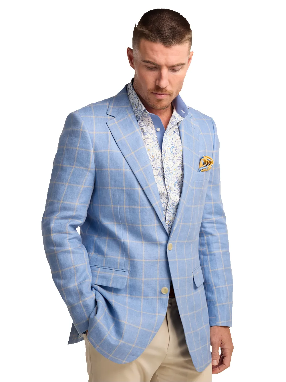 Windowpane Linen Single Breasted Notch Lapel Sport Coat - Blue/yellow sold by Paul Fredrick product image thumbnail 2