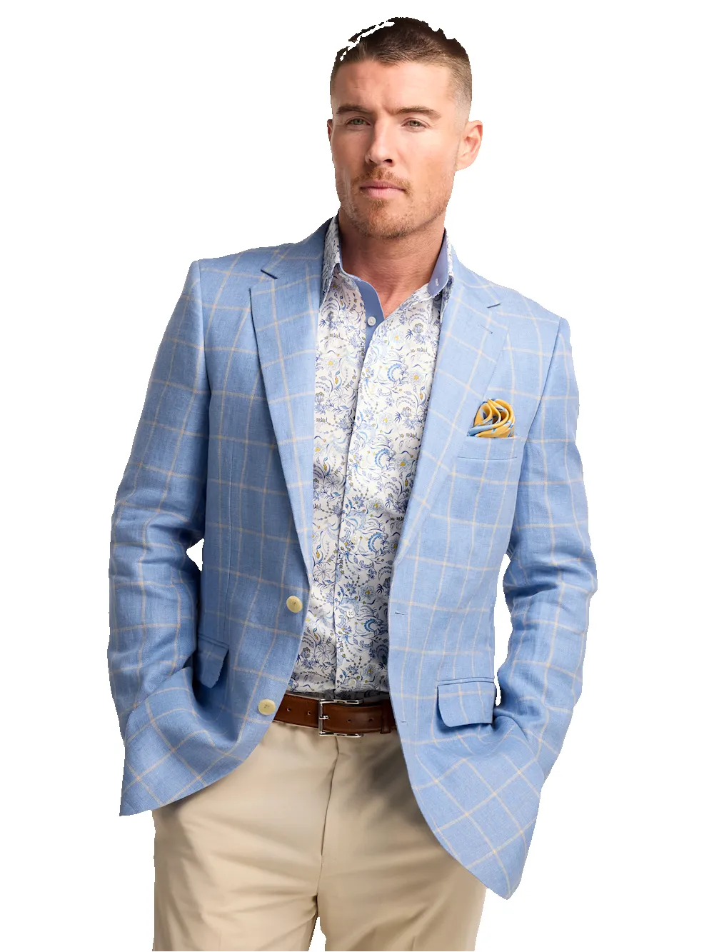 Windowpane Linen Single Breasted Notch Lapel Sport Coat - Blue/yellow sold by Paul Fredrick product image thumbnail 3