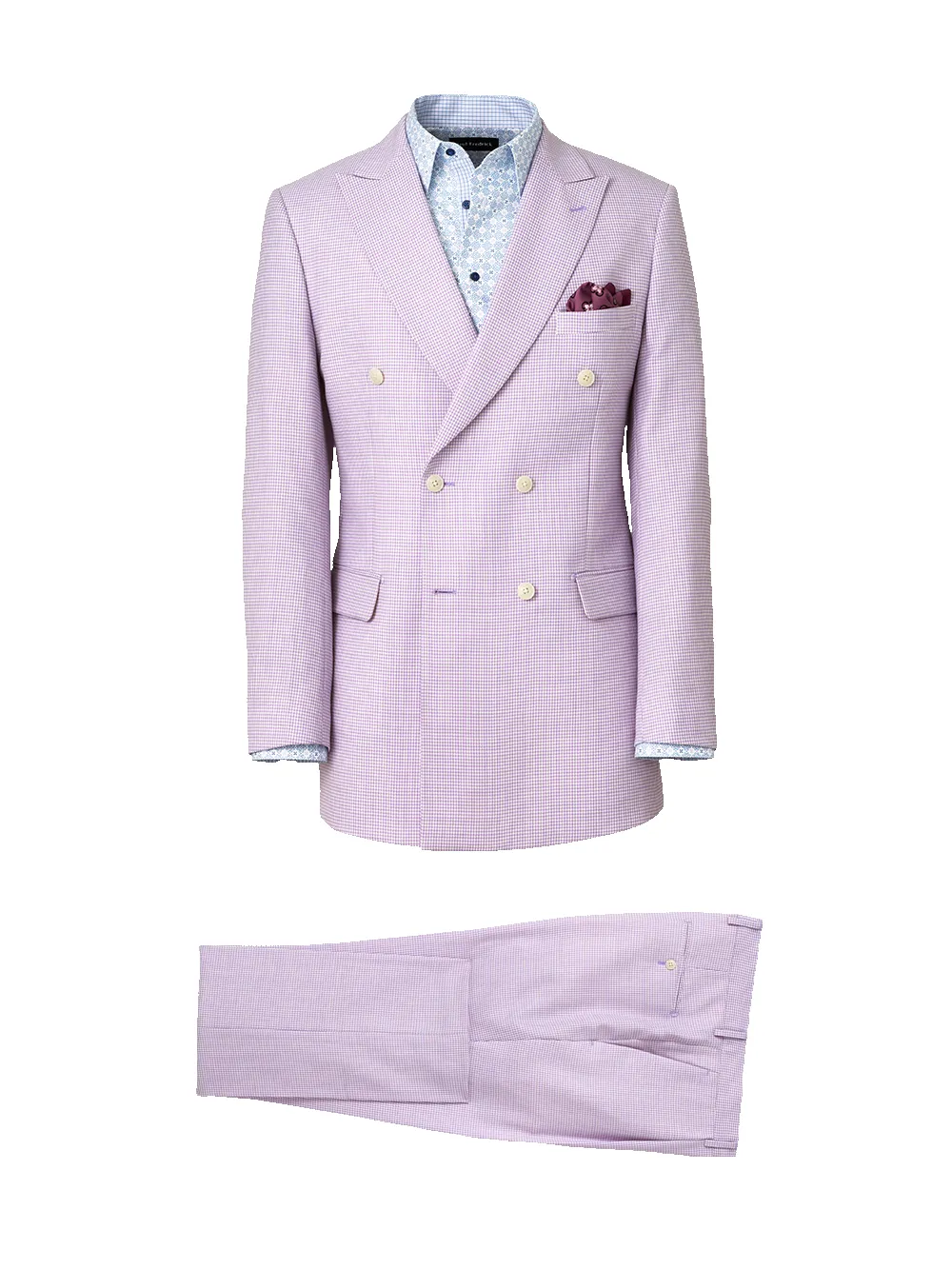 Wool Blend Houndstooth Double Breasted Peak Lapel Suit - Purple sold by Paul Fredrick