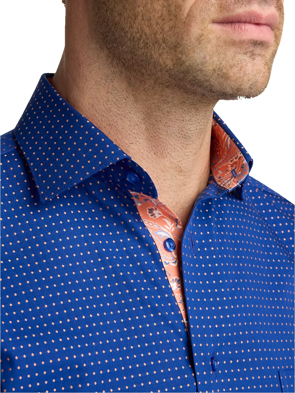 Comfort Stretch Non-Iron Dot Dress Shirt With Contrast Trim - Navy/melon sold by Paul Fredrick product image thumbnail 3