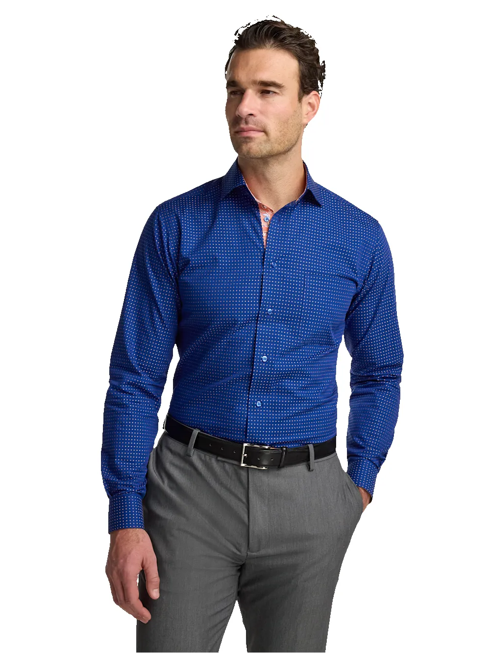 Comfort Stretch Non-Iron Dot Dress Shirt With Contrast Trim - Navy/melon sold by Paul Fredrick product image thumbnail 2