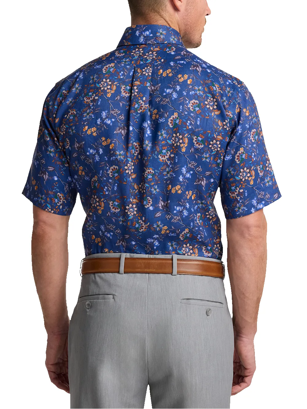 Non-Iron Linen Floral Dress Shirt With Contrast Trim - Cobalt sold by Paul Fredrick product image thumbnail 5