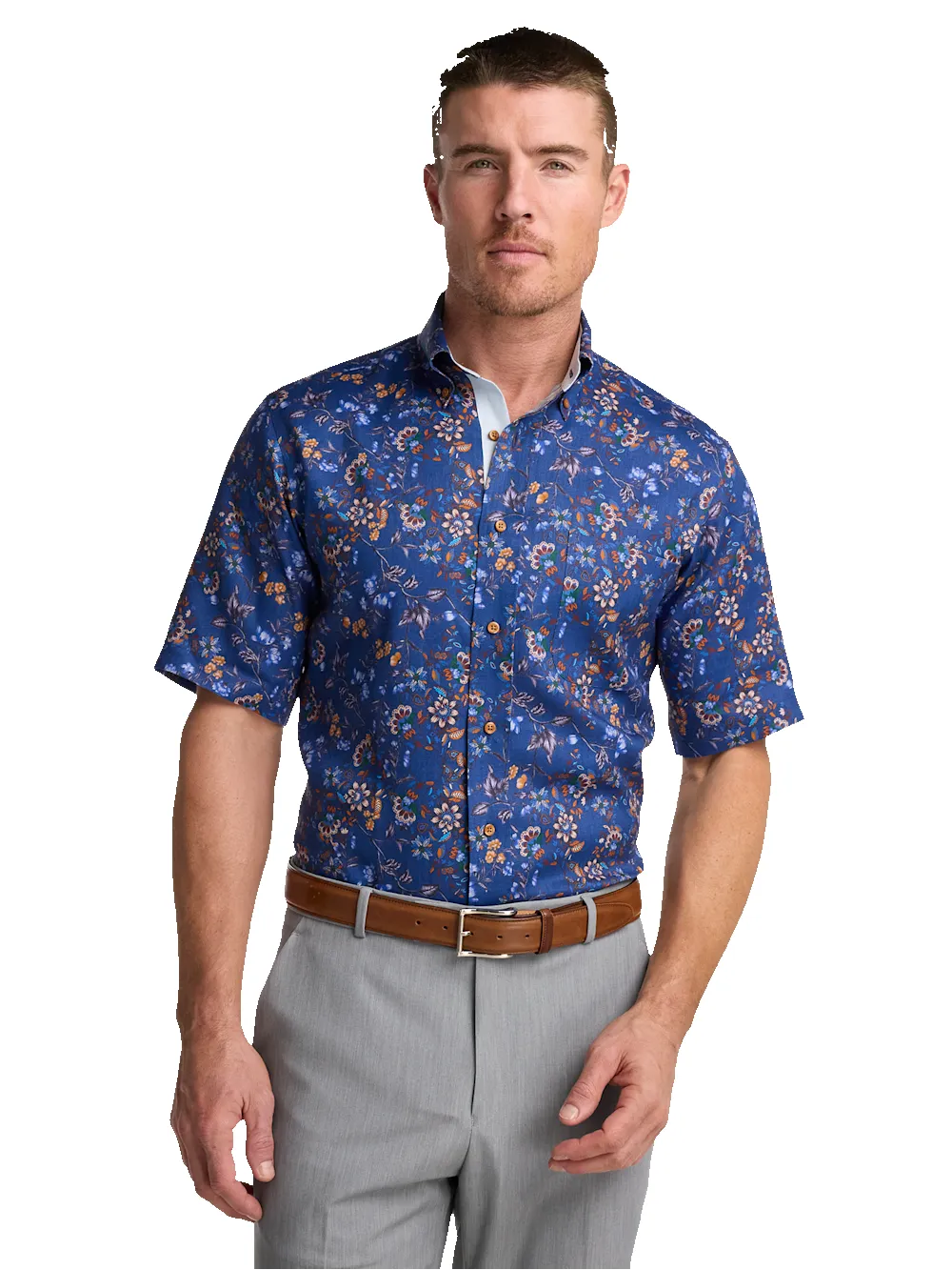 Non-Iron Linen Floral Dress Shirt With Contrast Trim - Cobalt sold by Paul Fredrick product image thumbnail 2