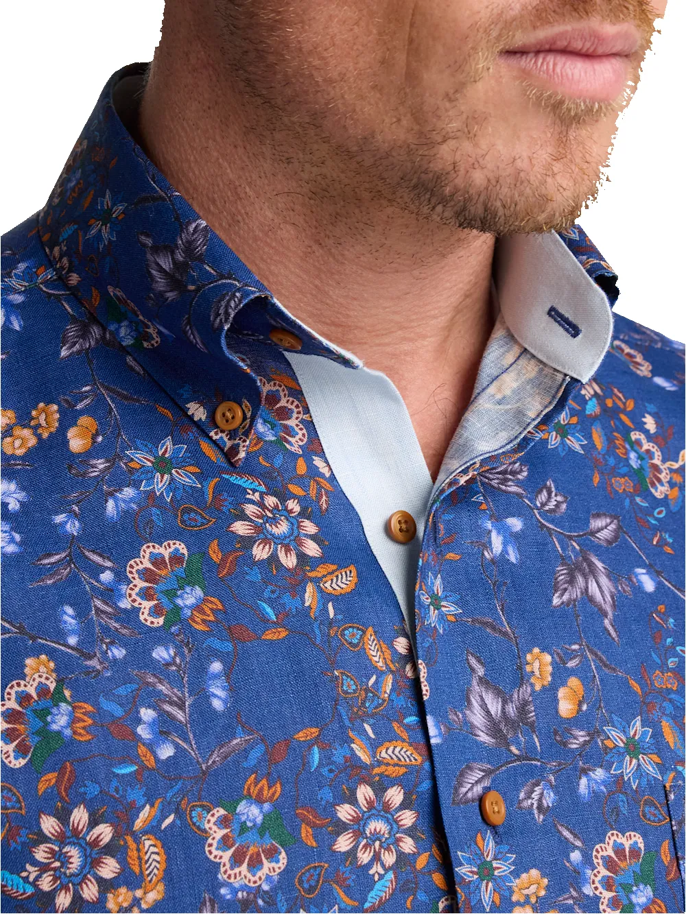 Non-Iron Linen Floral Dress Shirt With Contrast Trim - Cobalt sold by Paul Fredrick product image thumbnail 3