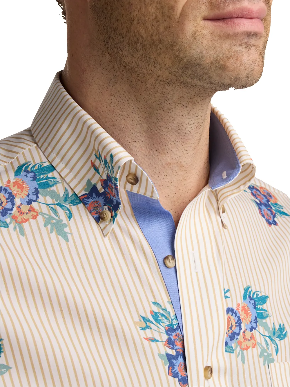 Non-Iron Cotton Floral Dress Shirt With Contrast Trim - Tan Multi sold by Paul Fredrick product image thumbnail 3