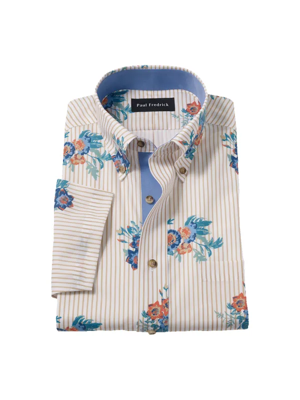 Non-Iron Cotton Floral Dress Shirt With Contrast Trim - Tan Multi made by Paul Fredrick