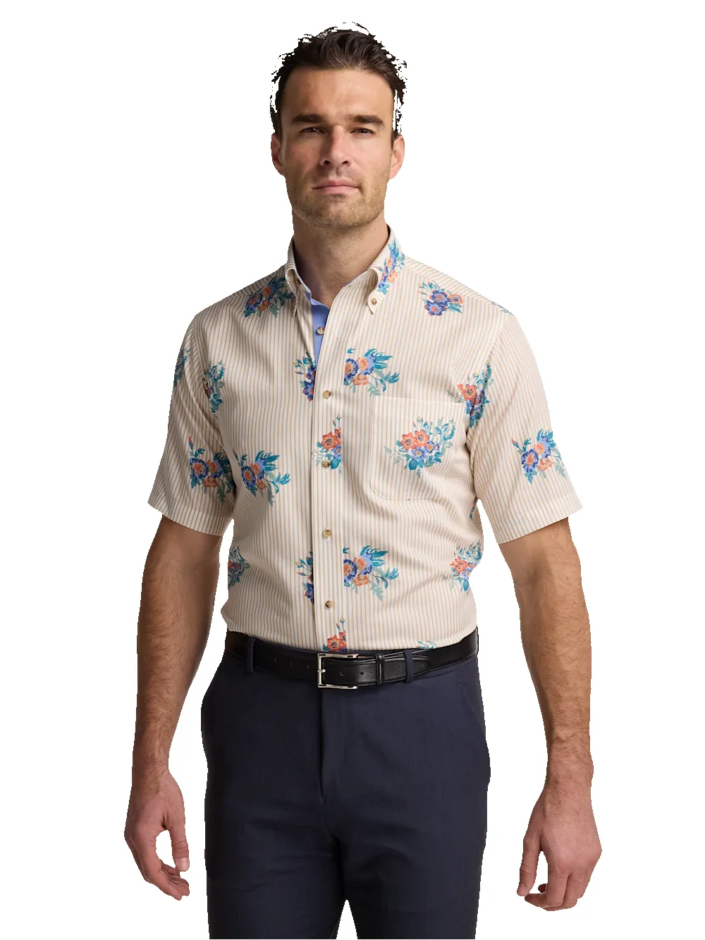 Non-Iron Cotton Floral Dress Shirt With Contrast Trim - Tan Multi sold by Paul Fredrick product image thumbnail 2
