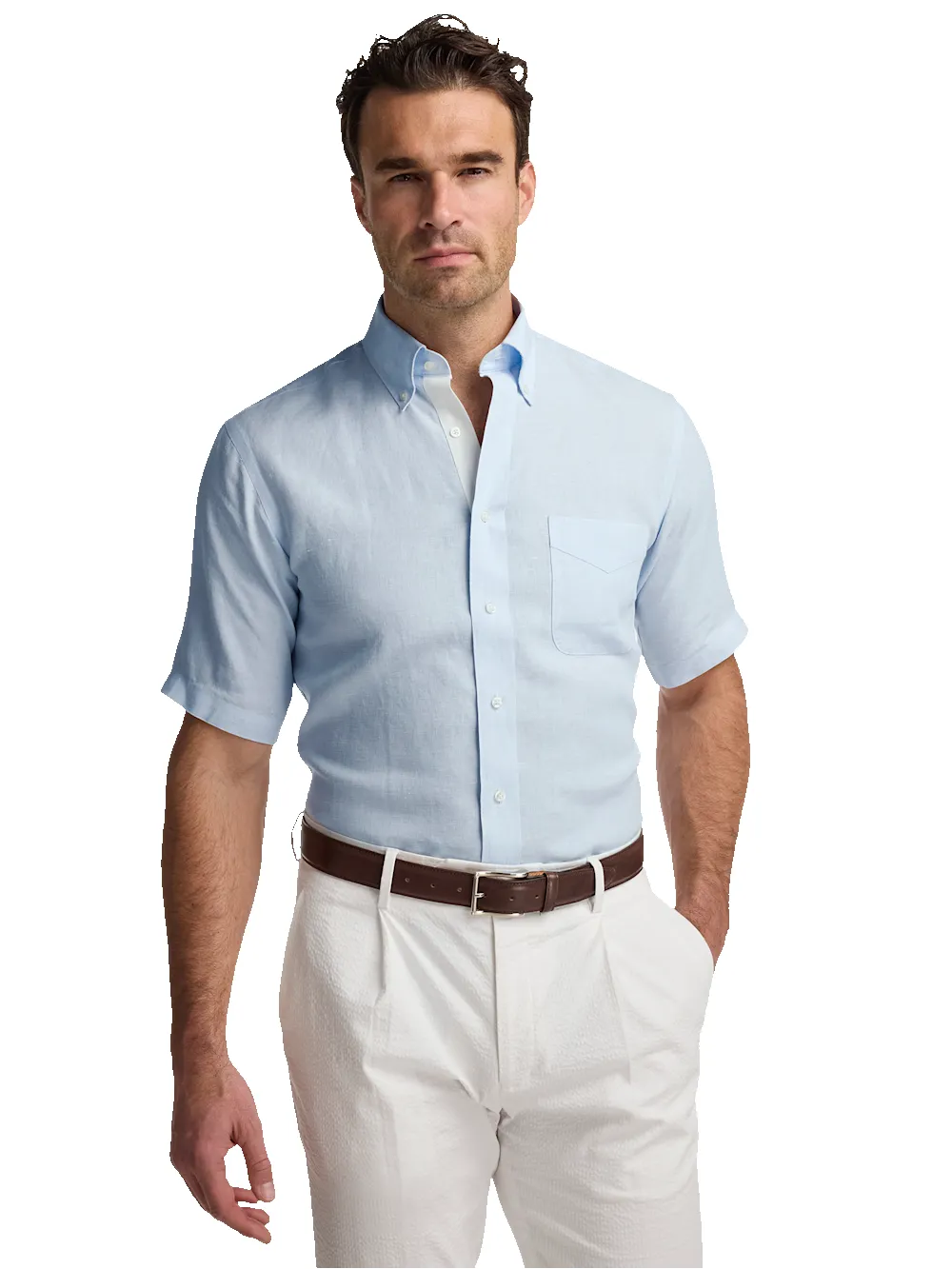 Non-Iron Linen Solid Dress Shirt With Contrast Trim - Light Blue sold by Paul Fredrick product image thumbnail 2