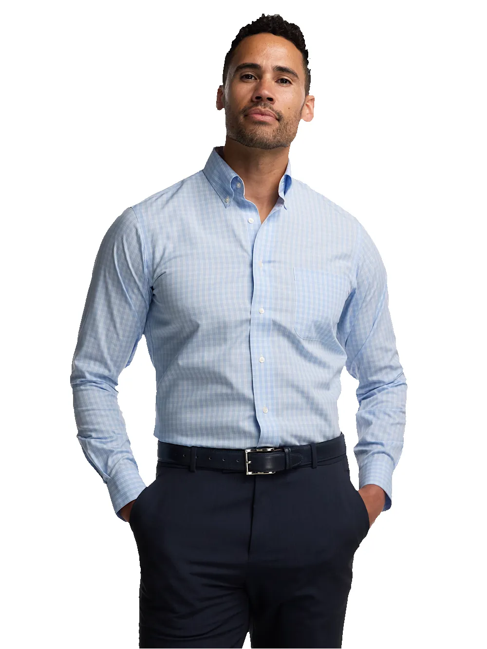 Non-Iron Cotton Check Dress Shirt With Contrast Trim - Blue sold by Paul Fredrick product image thumbnail 2