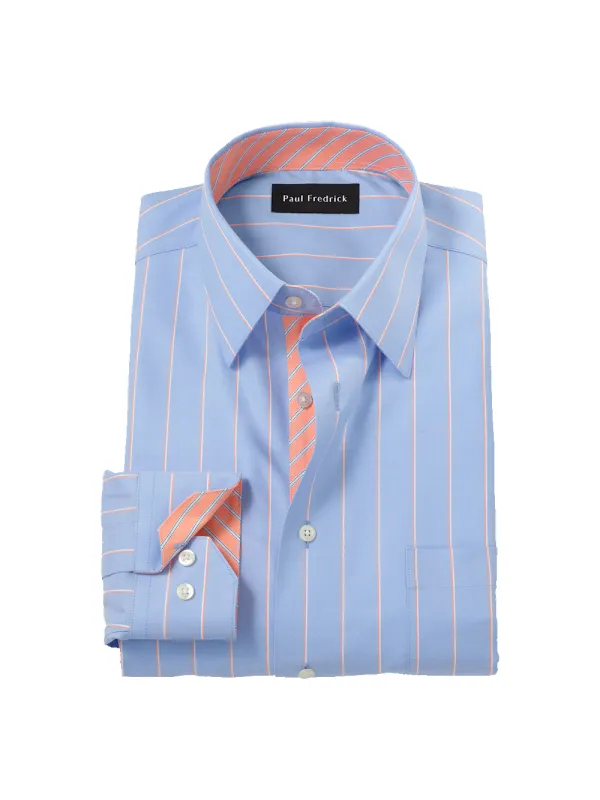 Traveler Cotton Blend Stripe Dress Shirt With Contrast Trim - Blue/melon made by Paul Fredrick