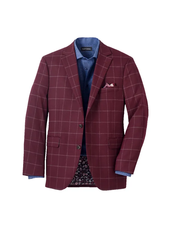 Microfiber Windowpane Single Breasted Notch Lapel Sport Coat - Burgundy made by Paul Fredrick