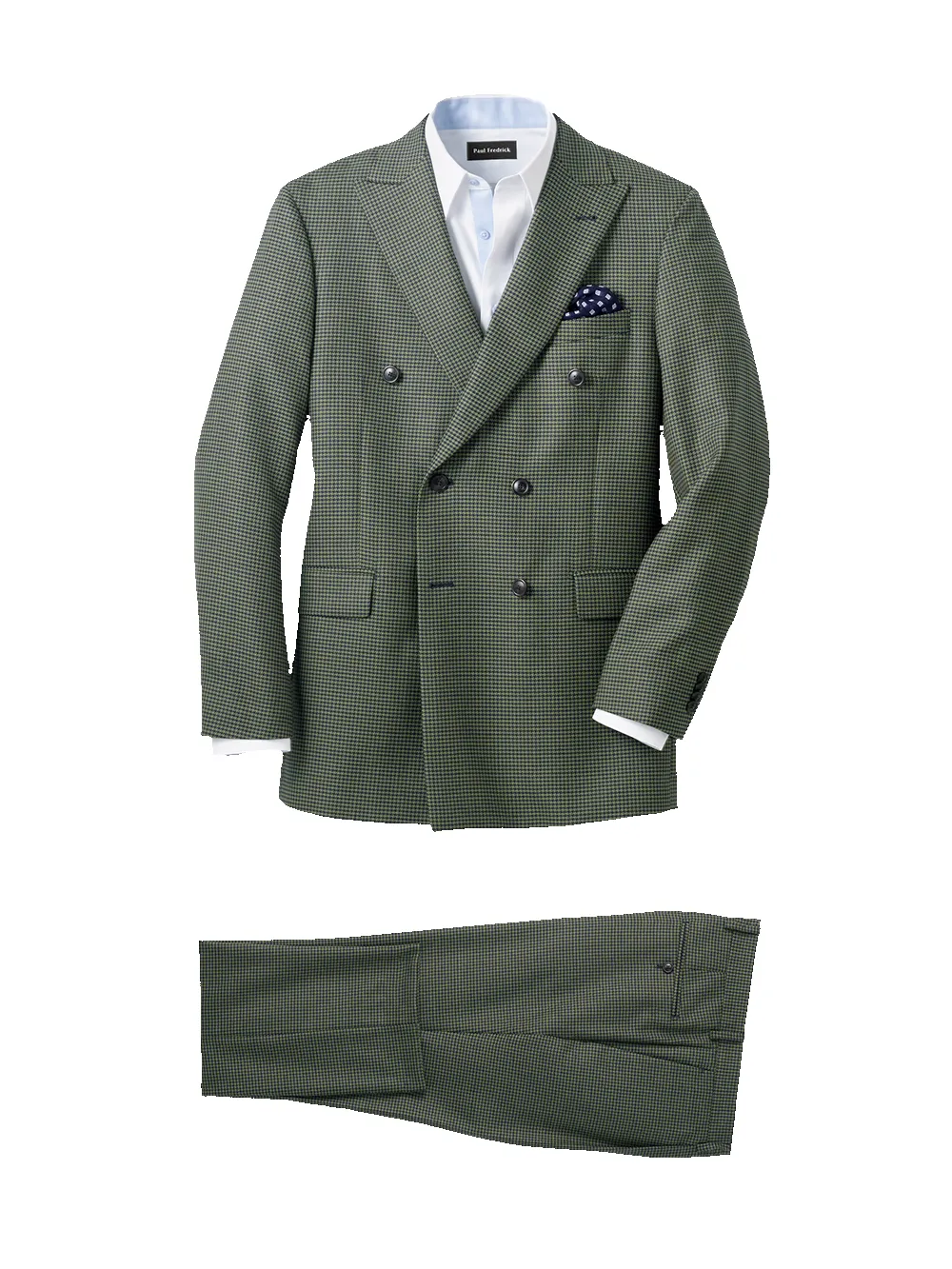 Houndstooth Wool Double Breasted Peak Lapel Suit - Green/navy sold by Paul Fredrick