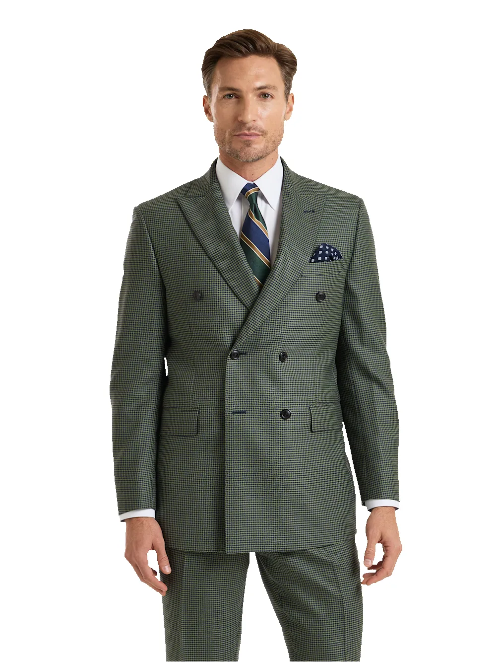 Houndstooth Wool Double Breasted Peak Lapel Suit - Green/navy sold by Paul Fredrick product image thumbnail 3