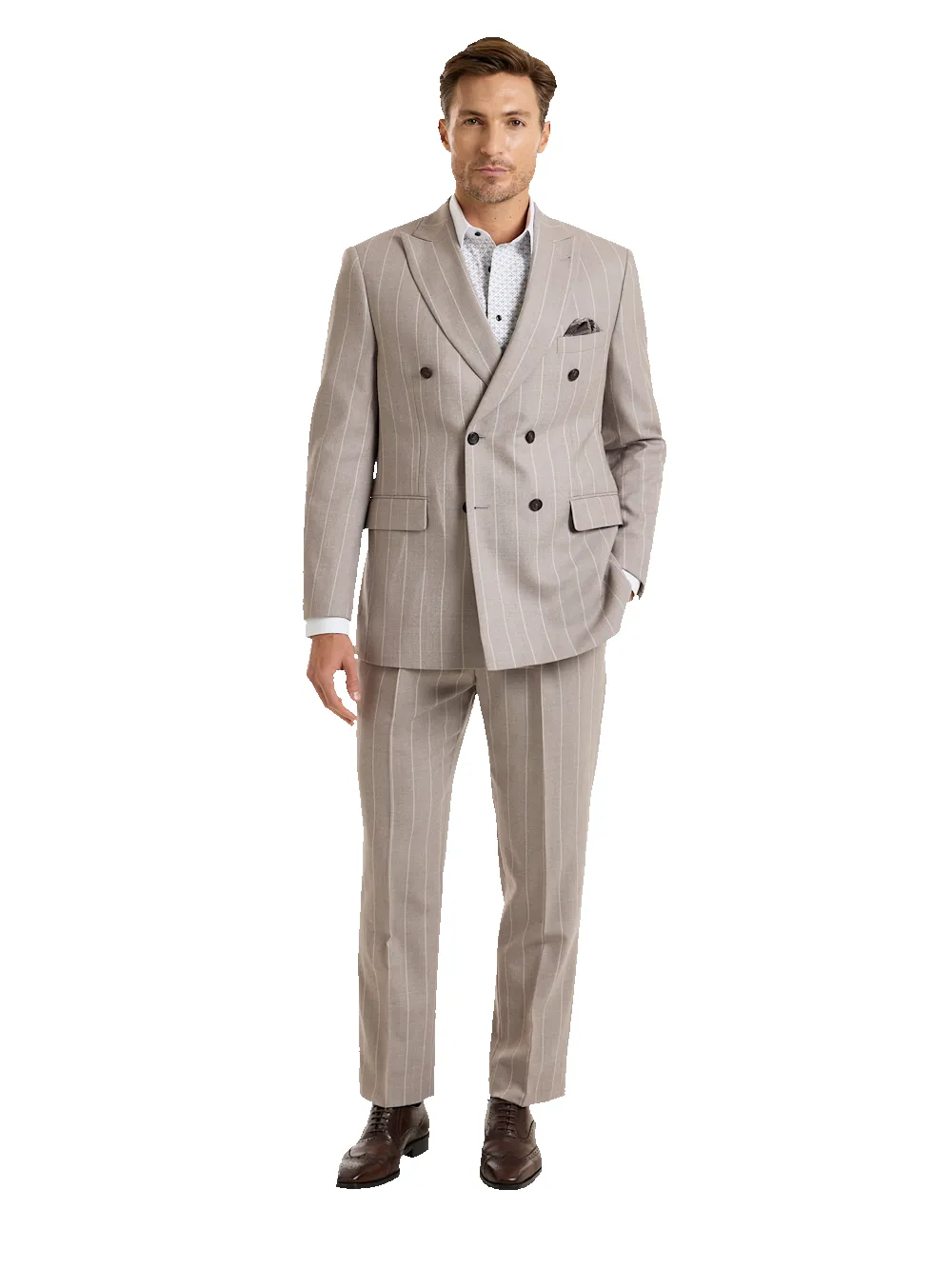 "Kingston Pinstripe" Double Breasted Peak Lapel Suit Jacket - Taupe sold by Paul Fredrick product image thumbnail 2
