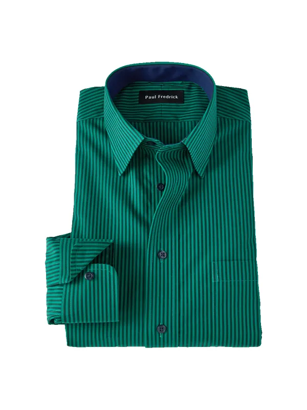 Non-Iron Cotton Stripe Point Collar Dress Shirt With Contrast Trim - Green made by Paul Fredrick