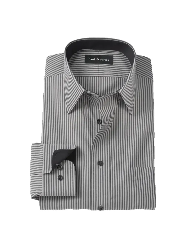 Non-Iron Cotton Stripe Point Collar Dress Shirt With Contrast Trim - Black made by Paul Fredrick