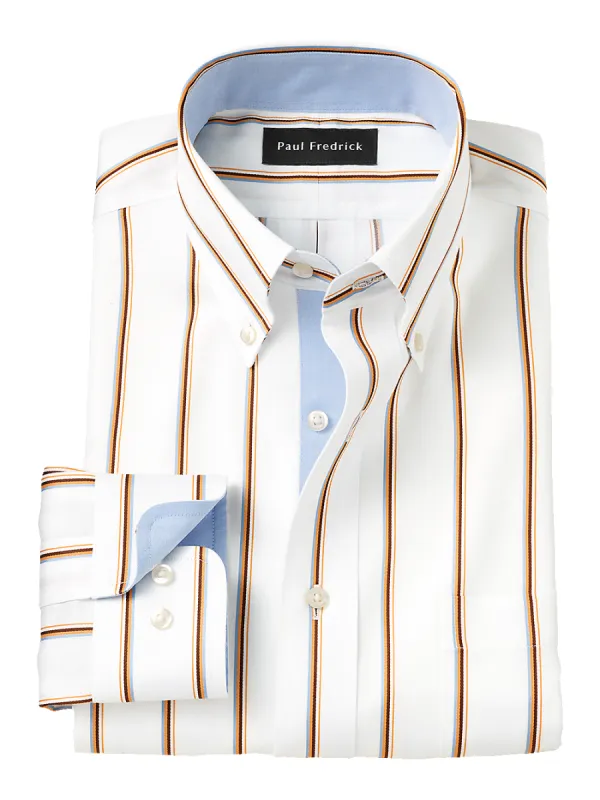 Non-Iron Cotton Stripe Dress Shirt With Contrast Trim - Blue/melon sold by Paul Fredrick