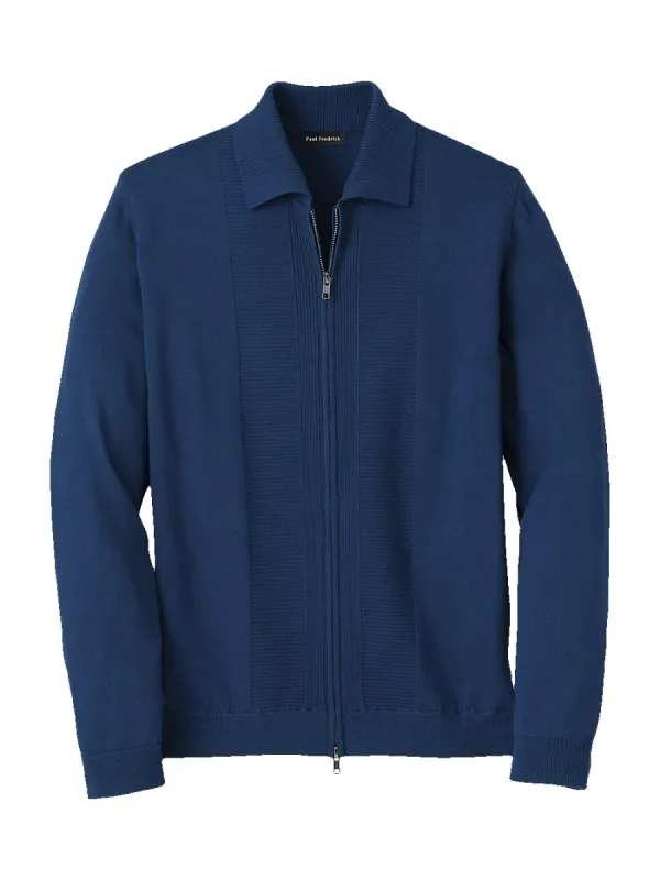 Silk, Cotton & Cashmere Full Zip Polo - Navy sold by Paul Fredrick