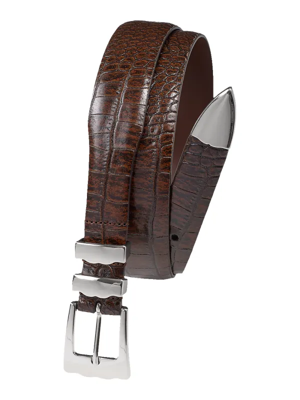 Crocodile Embossed with Metal Keeper & Tip Belt - Cognac sold by Paul Fredrick