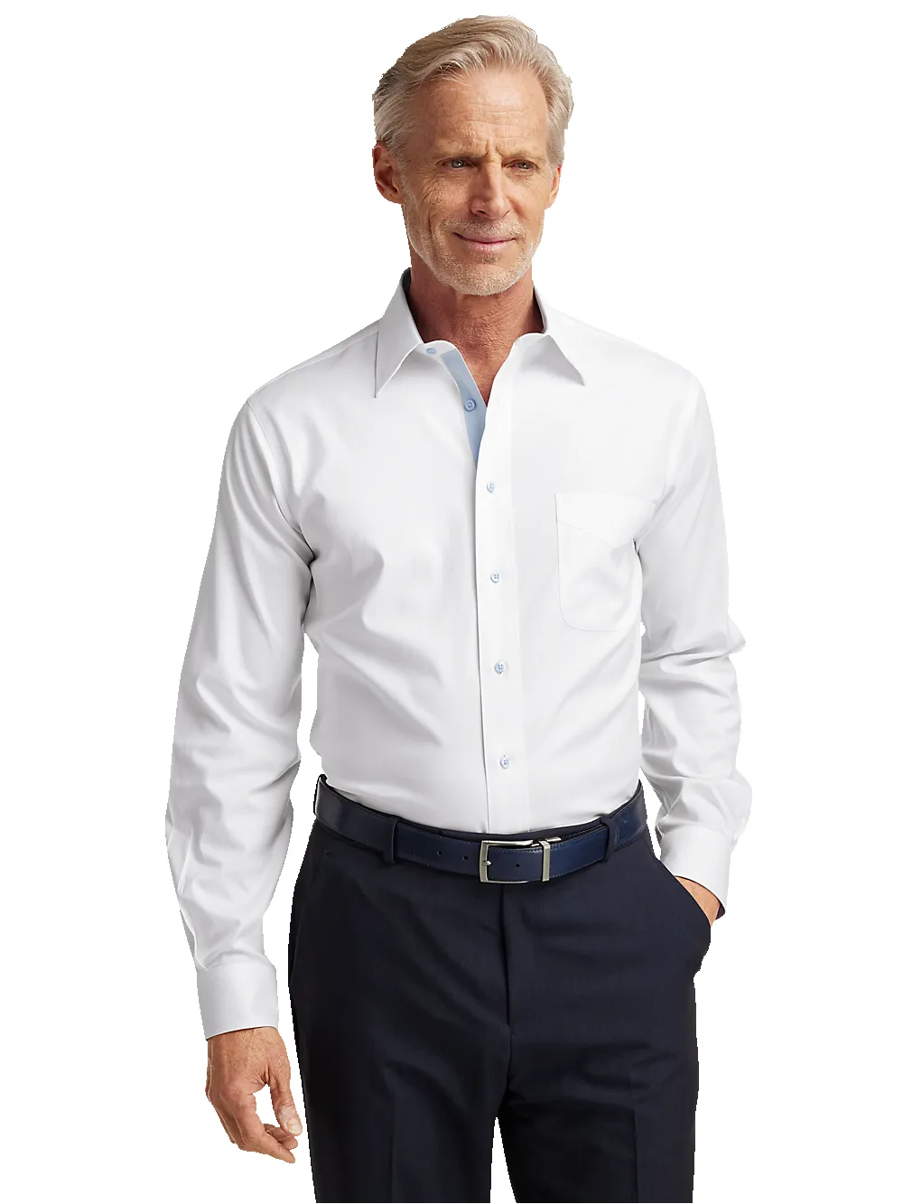 Comfort Stretch Non-Iron Solid Dress Shirt With Contrast Trim - White/blue sold by Paul Fredrick product image thumbnail 2